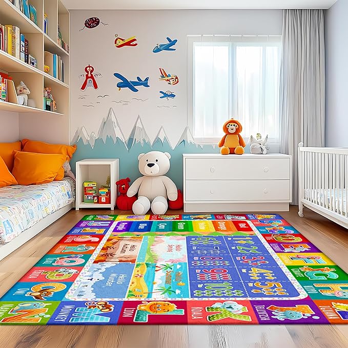5x7 Kids Rug for Classroom & Playroom - ABC Alphabet Educational Area Rug with Animals Numbers & Colors - Non-Slip Carpet Playmat for Nursery Preschool Elementary
