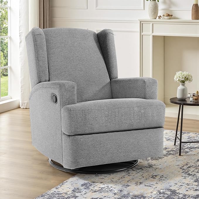 UIXE Swivel Glider Recliner Chair for Adults, Fabric High Back Accent Chair Nursery Rocker for Living Room, Upholstered Manual Reclining Sofa Seating with Deep Seat - Flax Gray