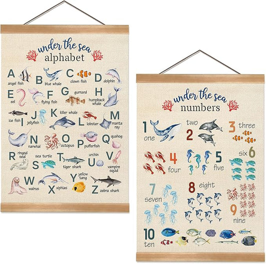 ZTGDA Alphabet Numbers Wall ArtSet of 2,ABC &123 Educational Learning Posters, Marine Fishs Wall Hanging Decor for Toddler Room Playroom,Nursery,or Classroom 12x16inch (Ocean Animal)