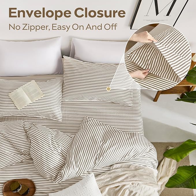 JELLYMONI 100% Natural Cotton 3pcs Striped Duvet Cover Sets,White Duvet Cover with Khaki Stripes Pattern Printed Comforter Cover,with Zipper Closure & Corner Ties(Queen Size)