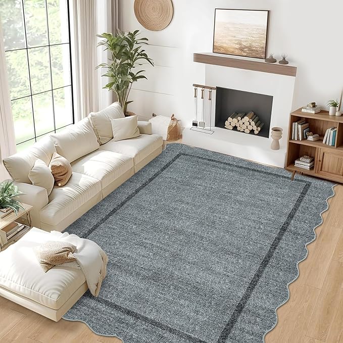 GarveeHome Scalloped Washable Area Rug 6 x 9 Rugs for Living Room Modern Grey Rug Non Slip Throw Rugs Distressed Large Bedroom Rug Low Pile Stain Resistant Carpet for Dining Room Nursery 6'x9' Grey