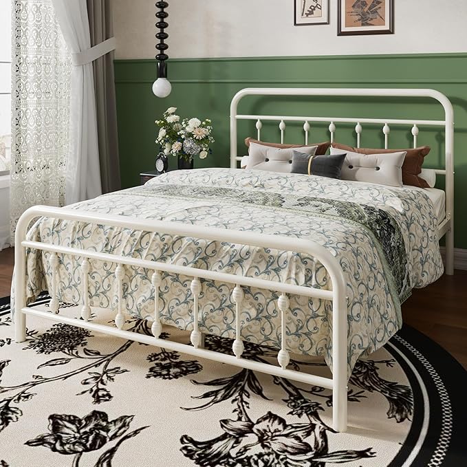 SHA CERLIN Full Size Metal Platform Bed Frame with Victorian Style Iron-Art Headboard and Footboard, Easy Assembly, Under Bed Storage, No Box Spring Required, White