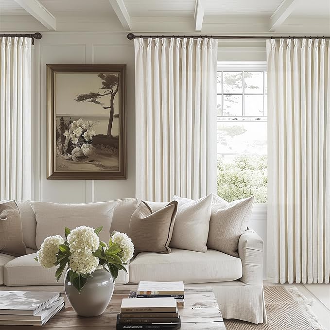 Pinch Pleated Extra Wide Curtain Panels 96 Inches Long 70 Wide Linen Curtain for Patio Sliding Glass Door Semi Sheer Cream Hooks Rings Privacy 96 Inch Length for Living Room 70x96 1 Panel