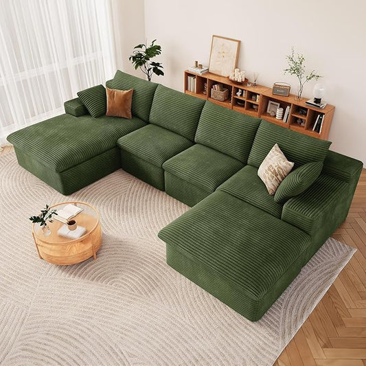 136" Cloud Modular Sectional Sofa with 1 Ottoman, Comfort U Shaped Sofa for Living Room, Deep Seat Boneless Couch, Modern Upholstered Corduroy Couches, No Assembly Required(Green,Left Facing Chaise)
