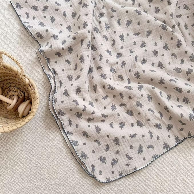 BuLuTu Shabby Chic Floral Baby Blanket 47x51 Inch, Double-Layer Muslin Cotton Blanket for Toddler Girls Boys, 100% Cotton Large Baby Quilt, Blue Orchid Print Nursery Blankets
