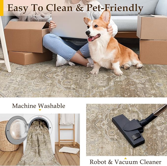 2x8 Washable Vintage Runner Rug for Living Room Bedroom Non Slip Distressed Traditional Soft Runner Rug Beige Brown Low Pile Lightweight Floral Runner Kitchen Hallway Balcony