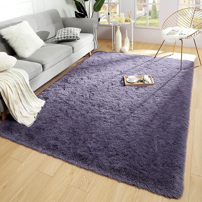 Merelax Soft Modern Indoor Large Shaggy Rug for Bedroom Livingroom Dorm Kids Room Home Decorative, Non-Slip Plush Fluffy Furry Fur Area Rugs Comfy Nursery Accent Floor Carpet 5x8 Feet, Grey-Purple
