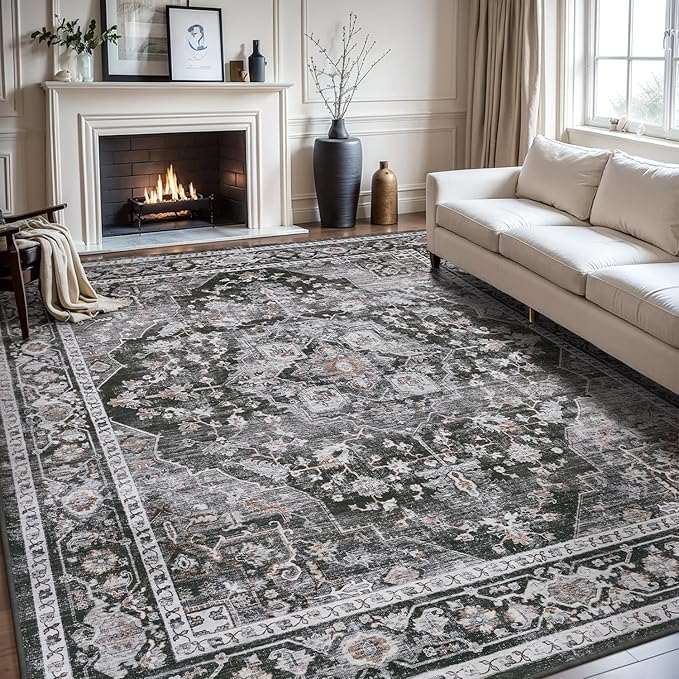 AMOAMI-Area Rug 9X12 Rugs for Living Room-Vintage Soft Black Rugs for Bedroom-Non Slip Carpet-Washable Rug for Dining Room Living Room Bedroom Office Under Table,Dark Grey & Black