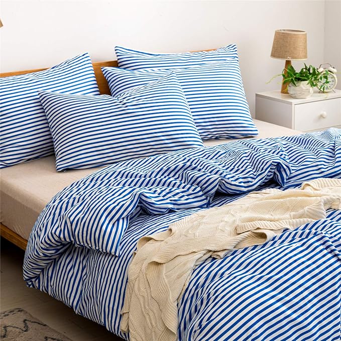JELLYMONI 100% Natural Cotton 3pcs Striped Duvet Cover Sets,White Duvet Cover with Blue Stripes Pattern Printed Comforter Cover,with Zipper Closure & Corner Ties(King Size)