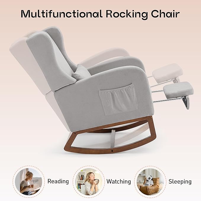 Rocking Chair Nursery Glider Chair with Foot Rest, Nursery Rocking Chairs with Rubber Wood Legs Side Pocket, High Back Nursing Chair, Accent Rocker Arm Chair Baby Bedroom, Living Room, Grey