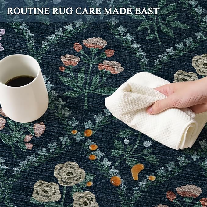 5x7 Washable Area Rug, Non Slip Vintage Floral Rug for Bedroom, Ultra-Thin Stain Resistant Floor Carpets Rugs for Living Room Dining Room Home Office,Dark Blue