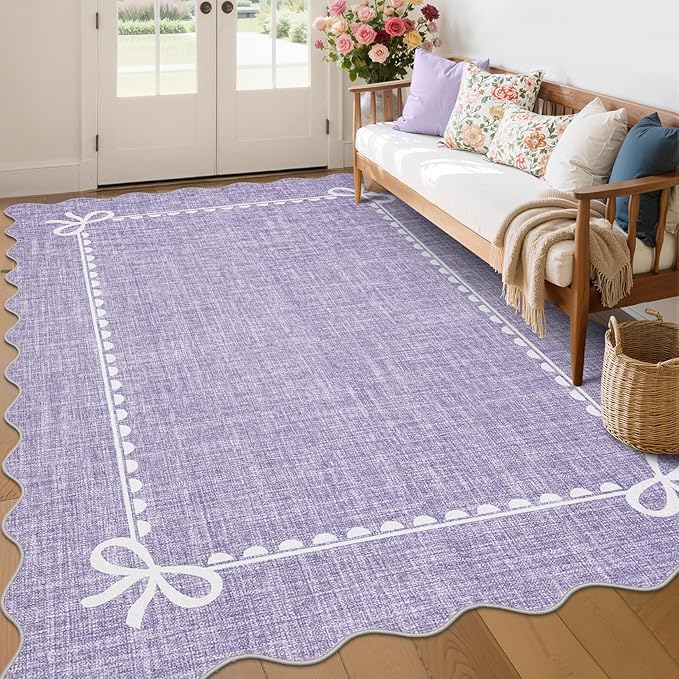 GarveeHome Scalloped Bow Rug for Living Room, Solid Purple Rug for Dorm, Washable Rugs 6x9 Soft Low Pile Non Slip Scalloped Rugs for Nursery College Bedroom Decor Kids Room Playroom