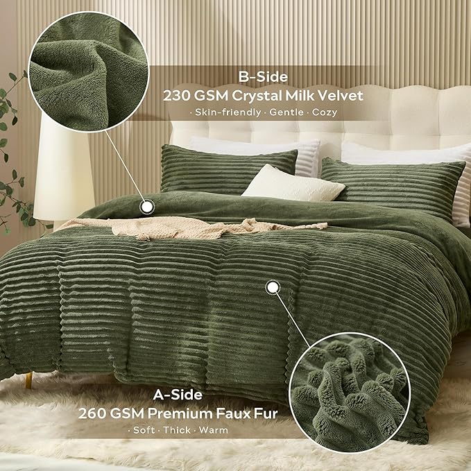 JELLYMONI Plush Duvet Cover Set - Queen Size Green Striped Fluffy Comforter Cover 3pcs Bedding Set Luxury Ultra Soft Faux Fur Duvet Cover with Zipper and 2 Pillowcases (NO Comforter)