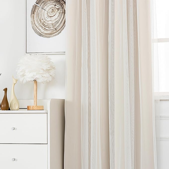 INLINAS Beige Blackout Curtains with Sheer Overlay - Grommet Top Thermal and Noise Reduction Panels for Bedroom and Living Room Light Blocking and Energy Saving, 52 x 108 Inches, Set of 2