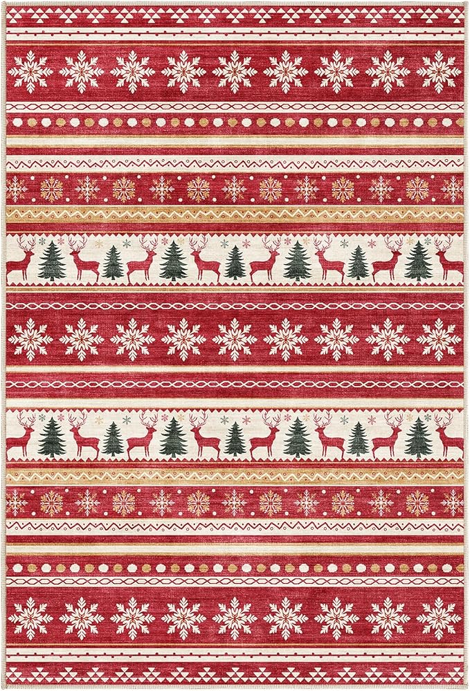 Area Rugs for Living Room Washable Living Room Rug Soft Neutral Indoor Floor Carpet Non-Slip Stain Resistant Modern Boho Rugs for Bedroom Dining Room Kids Room Nursery Office Home Red Green