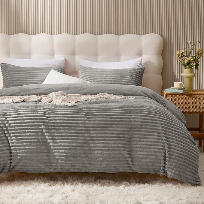 JELLYMONI Plush Duvet Cover Set - King Size Light Gray Striped Fluffy Comforter Cover 3pcs Bedding Set Luxury Ultra Soft Faux Fur Duvet Cover with Zipper and 2 Pillowcases (NO Comforter)
