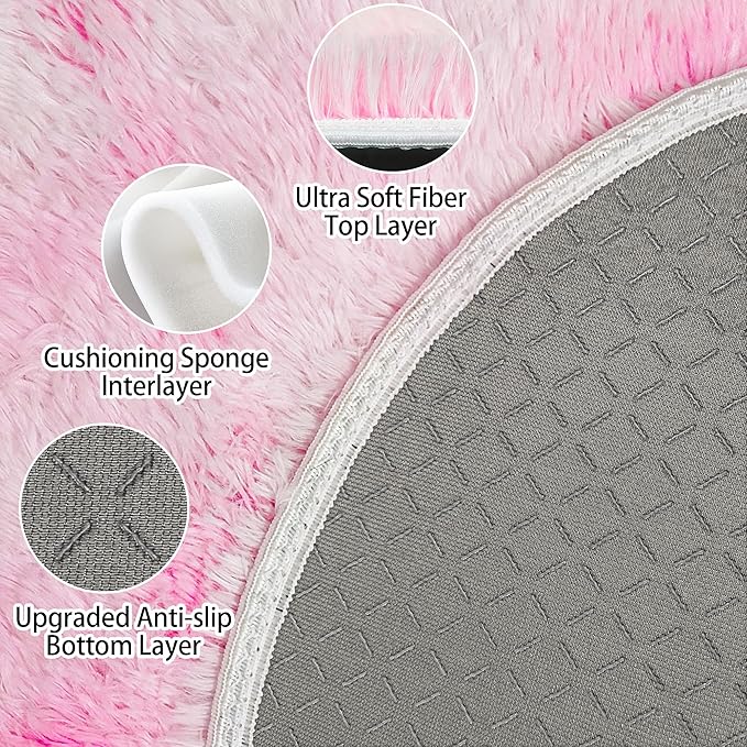 7 ft Large Fluffy Round Pink Area Rugs for Girls Bedroom, Colorful Soft Shaggy Circular Rug Plush Fluffy Circle Carpet Fuzzy for Nursery Baby Toddler Room Playroom Dorm Iving Room Home Decor