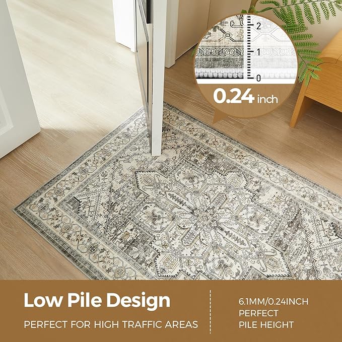 WITSHOCK 3x20 Extra Long Runner Rug for Hallway: Washable Boho Low Pile Stain Resistant Foldable Floor Carpet for Bedroom Entryway Bathroom Kitchen, Distressed Farmhouse Rug, Brown/Lvory, 36″x240″