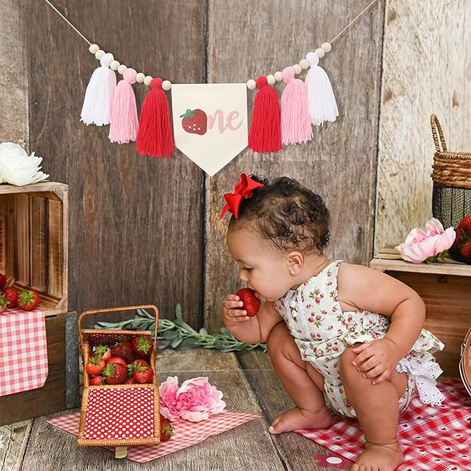 Strawberry 1st Birthday Decor - Sweet One Tassels Highchair Banner - Berry Tassels High Chair Banner For Kids Party - Baby Girl Berry Birthday Decoration - Strawberry High Chair Banner For Photo Booth Props