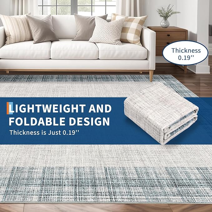 COZYLOOM Living Room Area Rug 8x10 Machine Washable Carpet Abstract Rug Low Pile Home Decor Carpet for Bedroom, Dining Room, Family Room, Nursery, Playroom（Blue）