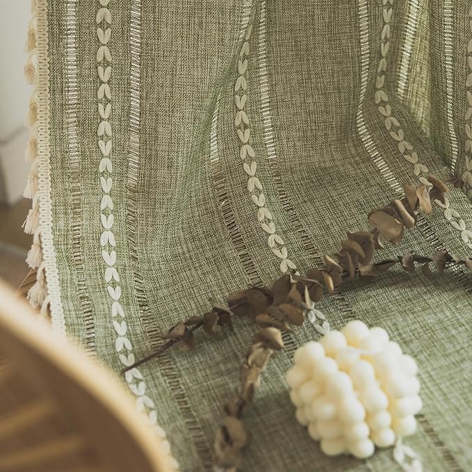 Deeprove Green Bohemian Curtains 90 Inches Long Linen Textured for Living Room Light Filter Farmhouse Sheer Hollow Striped Moss Drape, Rod Pocket Window Treatment for Bedroom 1 Panel W52 x L90