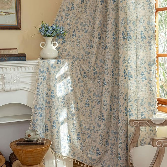 OYX Blue Floral Light Filtering Boho Curtains 84 Inch Long 2Panels For Living Room, Country Farmhouse Rustic Vintage French Drapes, Flower Printed Rod Pocket Privacy Decor Drapes For Bedroom Aesthetic