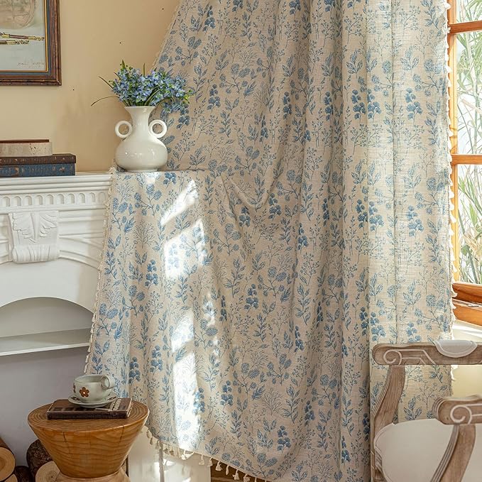 OYX Blue Floral Light Filtering Boho Curtains 63 Inch Long 2Panels For Living Room, Country Farmhouse Rustic Vintage French Drapes, Flower Printed Rod Pocket Privacy Decor Drapes For Bedroom Aesthetic