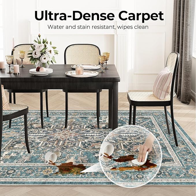 WITSHOCK Living Room Area Rugs 9x12: Washable Rug Boho Soft Non-Slip Low Pile Stain Resistant Foldable Carpet for Bedroom Playroom Dining Room Office Kitchen Farmhouse Home Decor Rug-Dull Teal