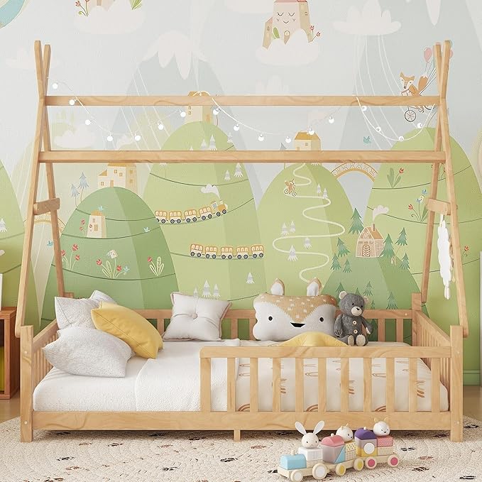 Full House Bed with Roof & LED Light, Low Profile House Bed with Fence, Safe Guardrails, DIY-Friendly for Boys & Girls, Solid Wood & MDF Construction, No Box Spring Required, Natural