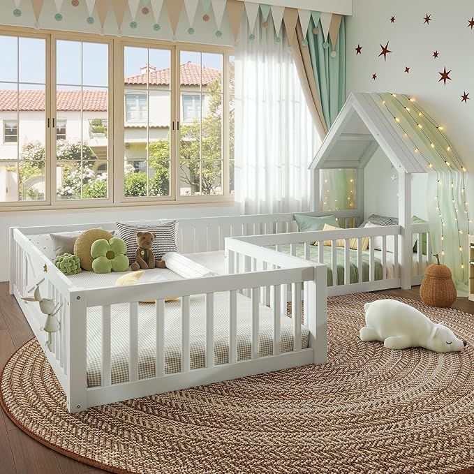 Harper & Bright Designs Twin Size House Shaped Double Floor Bed with Door and Full-Length Guardrails, Solid Wood Kids Montessori Floor Bed for Girls Boys, Multi-Function, White