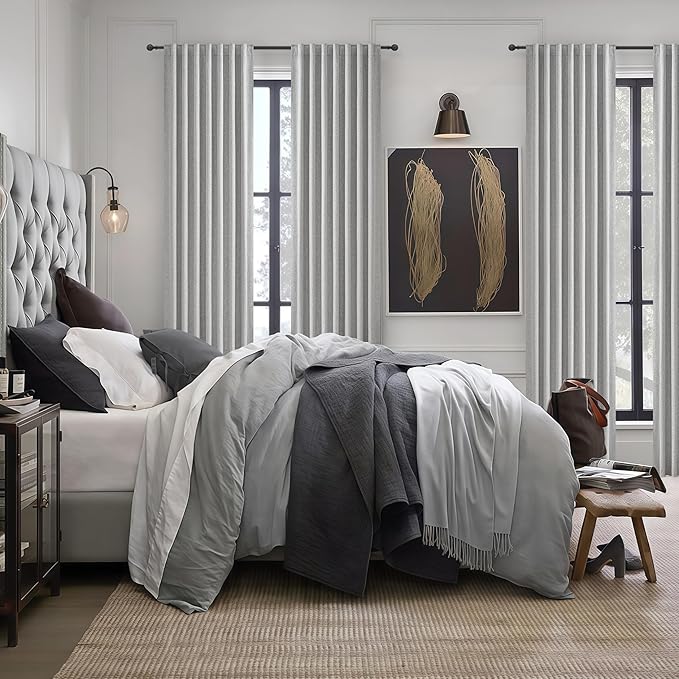 Grey Linen Room Darkening Curtains 95 Inches Long 2 Panels Set for Sliding Glass Doors, Cottage Core Blackout Pleat Light Gray Aesthetic Drapes Soundproof Privacy Window Curtain (50"W x 95"L 2Panels)