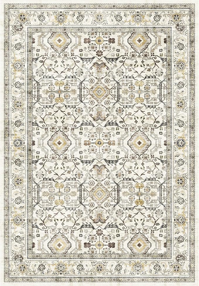 WITSHOCK Living Room Area Rugs 4x6: Washable Rug Boho Soft Non-Slip Low Pile Stain Resistant Foldable Carpet for Bedroom Playroom Dining Room Office Kitchen Farmhouse Home Decor Rug-Cream Color