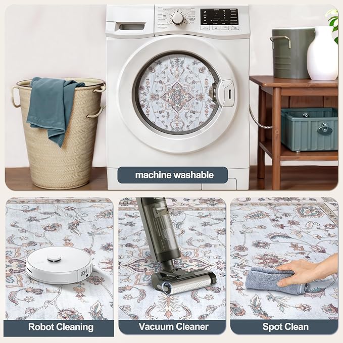 Tangsoo 2x6 Washable Runner Rug for Hallways,Vintage Boho Light Blue Non Slip Rug Runner, Soft Low Pile Persian Floral Entryway Floor Carpet for Kitchen Bedside Bathroom Kid & Pets Friendly Home Decor