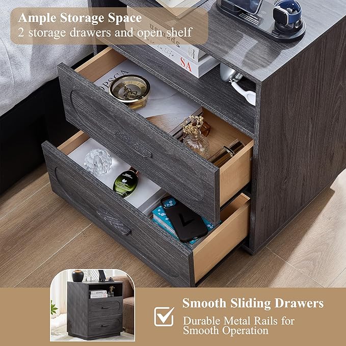 Grey Nightstand with Charging Station, Modern End Table with 2 Drawers Storage, Space-Saving Wood Storage Cabinet with Unique Base Design, Bedside Table for Bedroom, Living Room