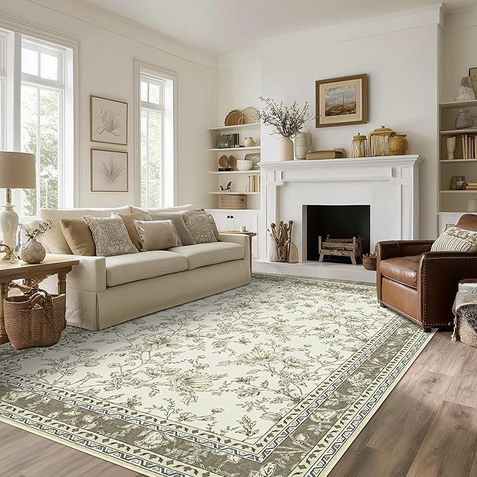 Greyish Beige Floral Rug 5x7 Machine Washable Area Rug for Living Room Vintage Boho Farmhouse Low Pile Distressed Carpet for Dining Room, Bedroom Indoor Non-Slip Tan Taupe Flower Design Home Decor