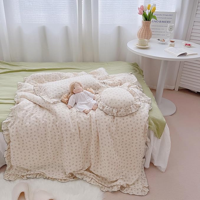 AOJIM Floral Print Kids Duvet Cover for Girls Boys, 2 Layer Muslin Cotton Baby Toddler Bedding Comforter Cover 59X79'', Ruffled Design Soft Crib Bed Duvet Protector 1pc, No Quilt or Pillowcases
