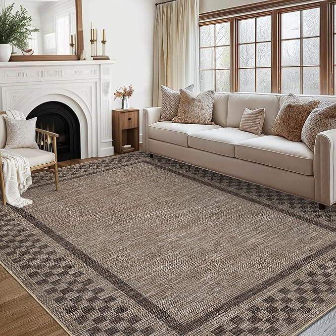 GarveeHome Modern Bordered 9x12 Area Rugs for Living Room Bedroom Soft Washable Large Bedroom Throw Carpet Non Slip Checkered Geometric Rugs for Dining Room Home Decor Office, Brown