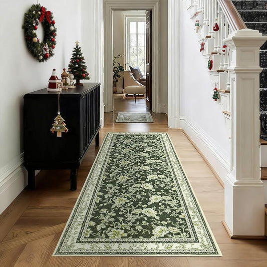 Olive Green Floral Print Area Rugs for Bedroom Living Room Boho Farmhouse Country Rustic Dining Room Carpet Soft Washable Rugs Non Slip Floor Covering for Nursery Playroom 2x6