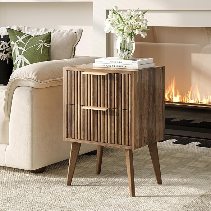 Nightstand with 2 Drawers,Mid Century Modern Bedside Table with Handles,Fluted Side Table with Solid Wood Legs,Walnut Brown End Table for Living Room,Bedroom,Caramel Oak CTG55BR