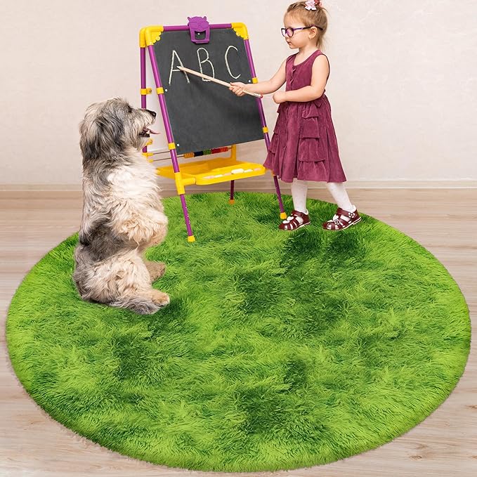 5 ft Fluffy Green Grass Area Rugs for Bedroom,Tie Dyed Plush Circle Rug Shag Round Carpet Fuzzy for Living Room Baby's Toddler's Boys Girls Room Kids Playroom Nursery Decor Aesthetic