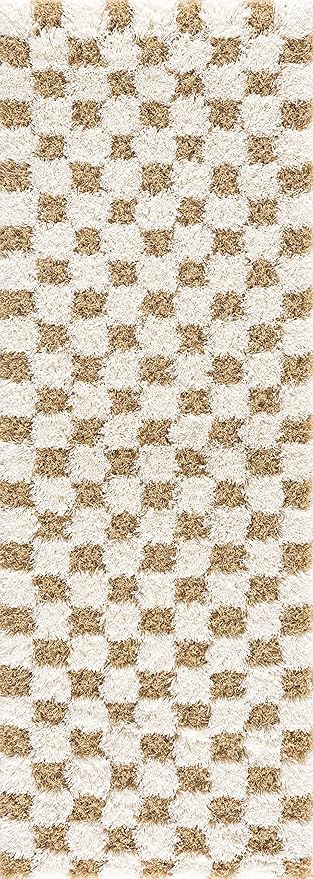 BoutiqueRugs Atira Modern Checkered Shag Rug - High Pile Fluffy Shaggy Carpet for Hallway, Nursery, Playroom, Girls Boys Room - Yellow, Cream, White, Mustard - 2'7" x 10' (2x10)