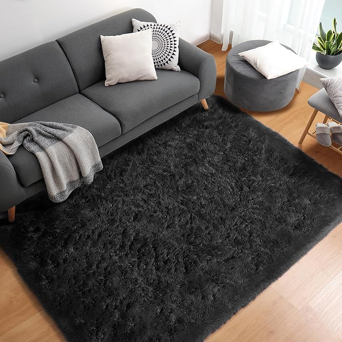 ONASAR Black Rugs for Bedroom, 3x5 Fluffy Bedside Small Area Rug, Washable Soft Plush Fuzzy Shaggy Indoor Floor Carpet for Living Room Nursery College Dorm Teen Kids Girls Boys Home Decor Aesthetic
