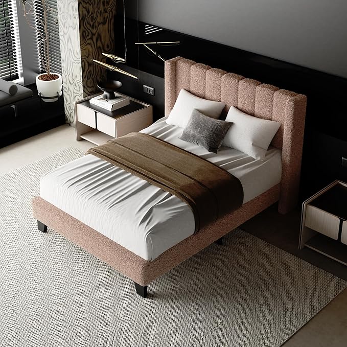 Full Bed Frame with Headboard Upholstered Platform Bed Frame with Teddy Velvet Headboard, Wooden Slats Support/Wing Edge Design/No Box Spring Needed/Easy Assembly, Brown Full