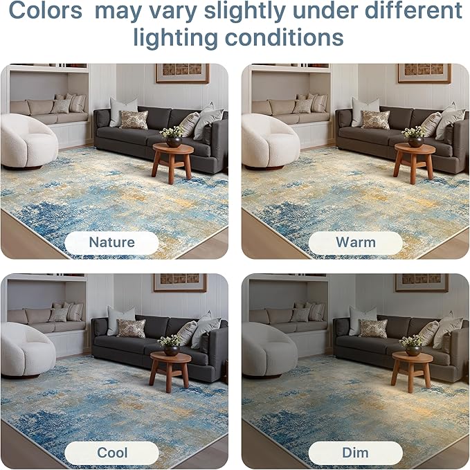 5x7 Area Rugs Washable Blue Rug for Living Room Bedroom, Abstract Modern Large Rug Non Slip, Water Repellent Low Pile Soft Carpet for Dining Room, Blue Ivory