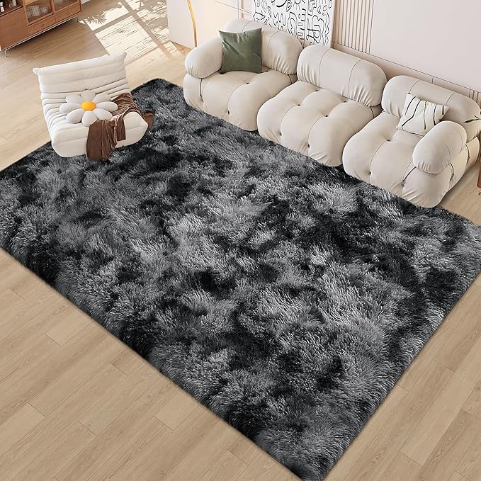 Soft Fluffy Plush Area Rug for Bedroom Living Room, 5x8 Tie-Dyed Grey and Black Fuzzy Shag Carpet Indoor Modern Shaggy Rug for Kids Room Boys Girls Dorm Nursery Home