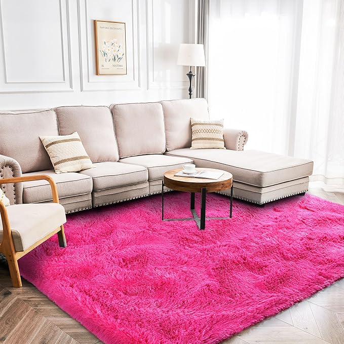 Fluffy Area Rug for Living Room 8x10 Feet, Hot Pink Shaggy Rugs for Bedroom 8x10 Area Rugs Non Slip Clearance