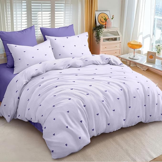 Purple Heart Duvet Cover Twin Size Cute Heart Pattern Bedding Set 3Pcs Love Printed Reversible Soft Microfiber Coquette Comforter Cover with Zipper Closure and 2 Pillowcases