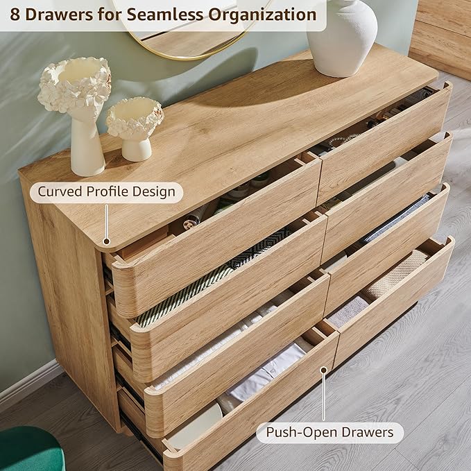 ACCOHOHO 8 Drawer Dresser for Bedroom, 52 Inch Wide Modern Chest of Drawers, Push-to-Open Wood Storgae Organizer with Large Drawers for Bedroom, Living Room, Hallway,Natural Oak