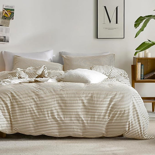 JELLYMONI 100% Natural Cotton Striped Duvet Cover Sets,White Duvet Cover with Khaki Stripes Pattern Printed Comforter Cover,with Zipper Closure & Corner Ties(Twin XL 66×92 Inch)