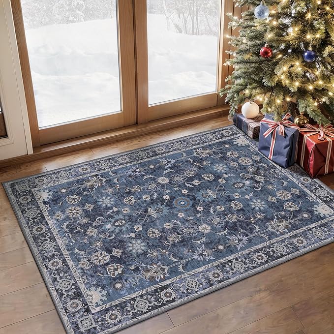 Tangsoo Small Rug 2x3 Throw Rugs for Entryway Washable Entry Rug Non Slip, Vintage Blue Floral Indoor Rugs Distressed Small Carpet Soft Low Pile Boho Door Mat for Entrance Bedroom Kitchen Foyer Decor